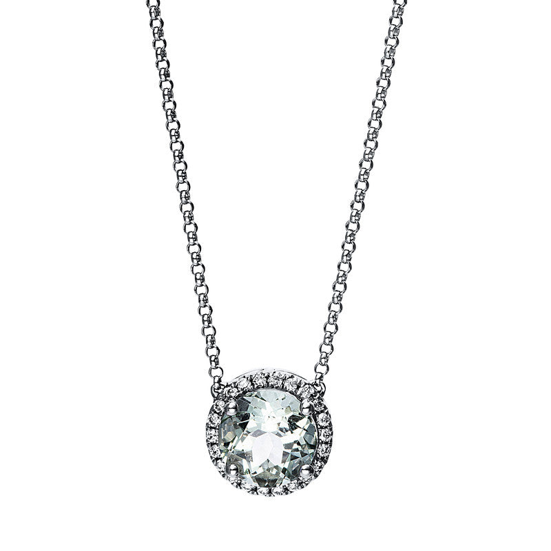 Collier 18 kt WG, mit ZÖ 40,6 cm, 22 Brill. 0,10 ct, TW-si, 1 Amethyst 1,20 ct grün