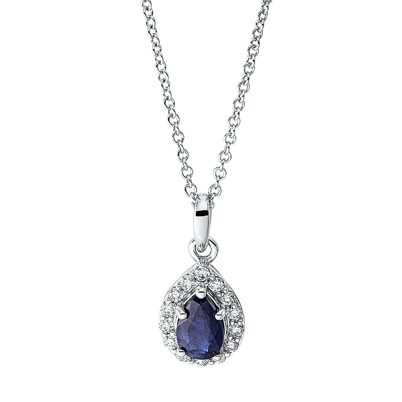 Collier 4er-Krappe 18 kt WG Tropfen. mit ZÖ 40 cm. 14 Brillanten 0.10 ct. TW-si. 1 Saphir 0.55 ct blau. L:45.7 cm