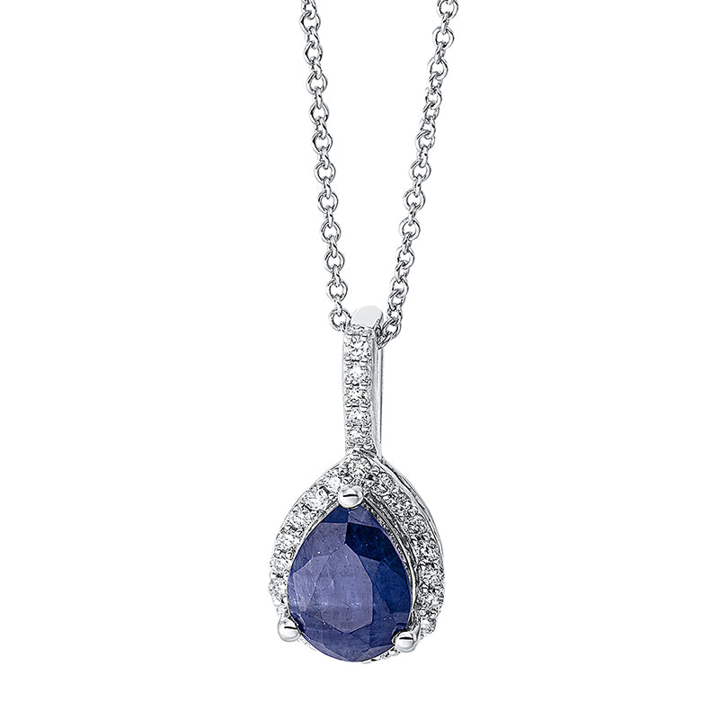 Collier 3er-Krappe 18 kt WG Tropfen. mit ZÖ 40 cm. 25 Brillanten 0.15 ct. TW-si. 1 Saphir 1.75 ct blau. L:45.7 cm