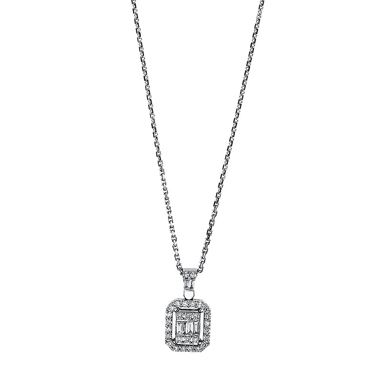 Collier 18 kt WG, 6 Bag. 0,08 ct, TW-vsi, 28 Brill. 0,15 ct, TW-vsi