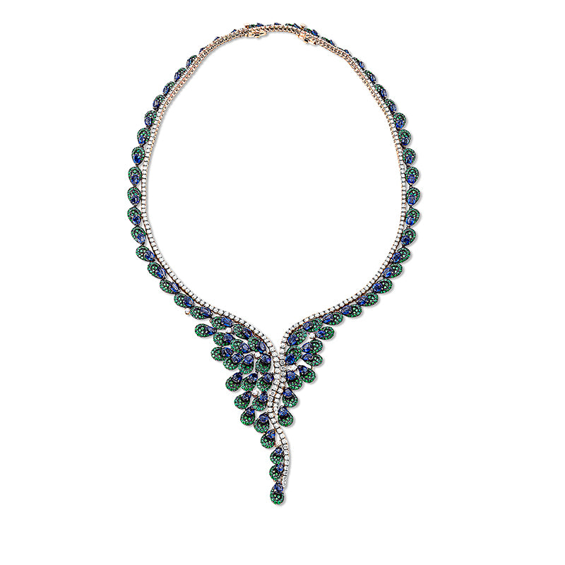 Collier 18 kt RG, 244 Brill. 6,93 ct, TW-vsi/si, 929 Tsavorith 12,08 ct grün, 73 Saphire 23,87 ct blau