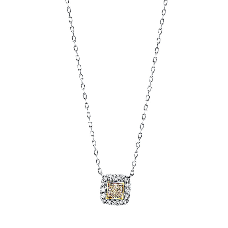 Collier 18 kt WG+GG. 1 Princ. 0.39 ct. gelb-vvs. 16 Brillanten 0.19 ct. TW-si. L:45.7 cm