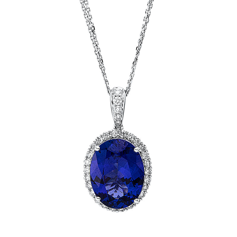 Collier 4er-Krappe 18 kt WG. 35 Brillanten 0.95 ct. TW-si. 1 Tansanit 11.02 ct blau. H:20.5 mm. B:16.0 mm. L:45.7 cm. S:10.3 mm