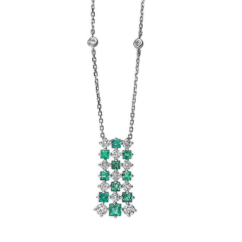 Collier 18 kt WG. 13 Brillanten 0.56 ct. TW-si3. 10 Smaragde 0.79 ct grün. L:45.7 cm