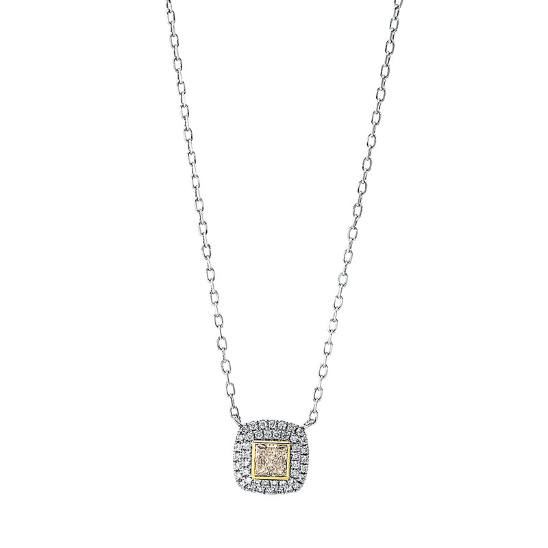 Collier 18 kt WG+GG. 1 Princ. 0.20 ct. gelb-vsi. 44 Brillanten 0.13 ct. TW-si. H:9.0 mm. B:9.2 mm. L:45.7 cm. S:2.6 mm