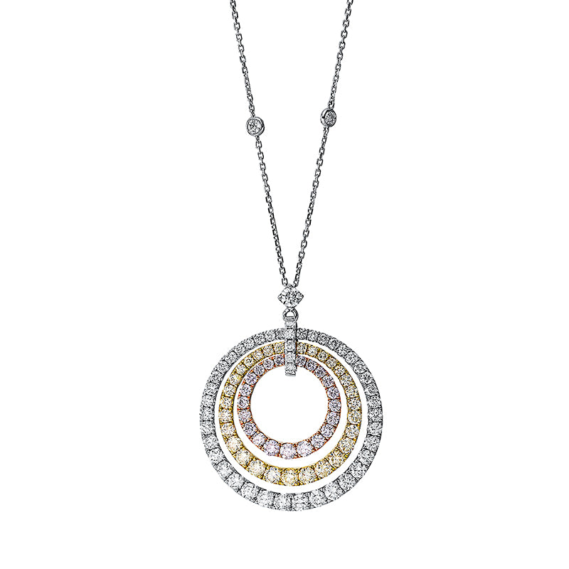 Collier 18 kt WG+GG+RG Kreis. mit ZÖ 40 cm + 43 cm. 46 Brillanten 1.71 ct. TW-si. 29 Brillanten 1.16 ct. gelb. 21 Brillanten 0.70 ct. pink. L:45.7 cm