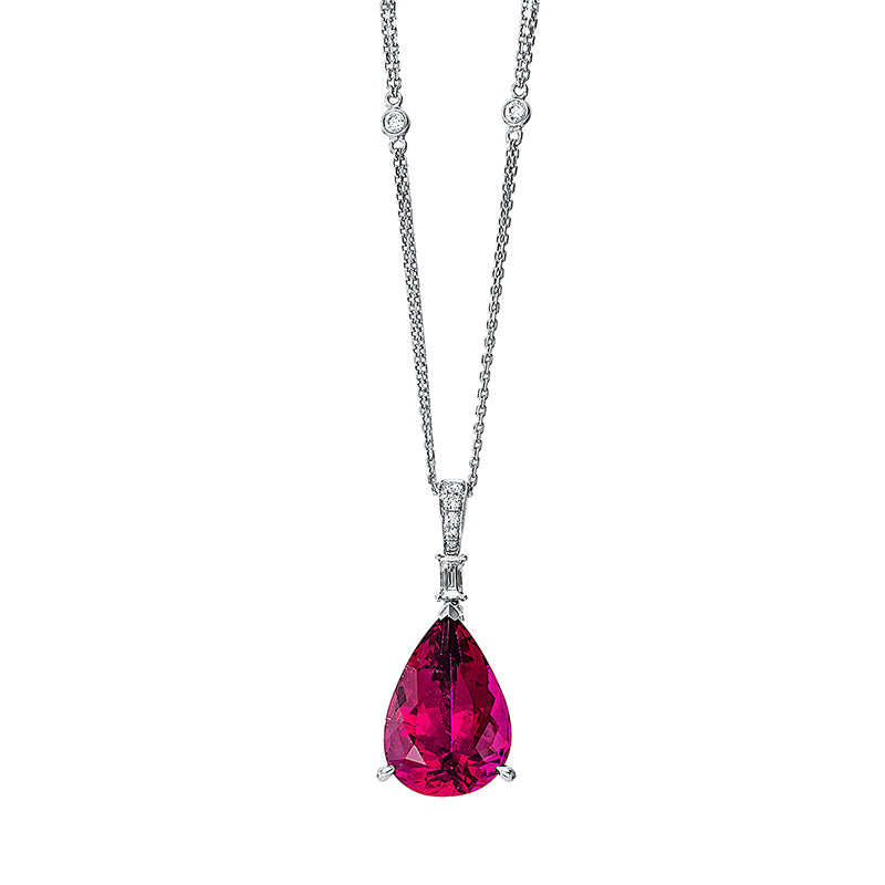 Collier 18 kt WG, 1 Bag. 0,11 ct, TW-si, 9 Brill. 0,22 ct, TW-si, 1 Rubellit 12,97 ct rot