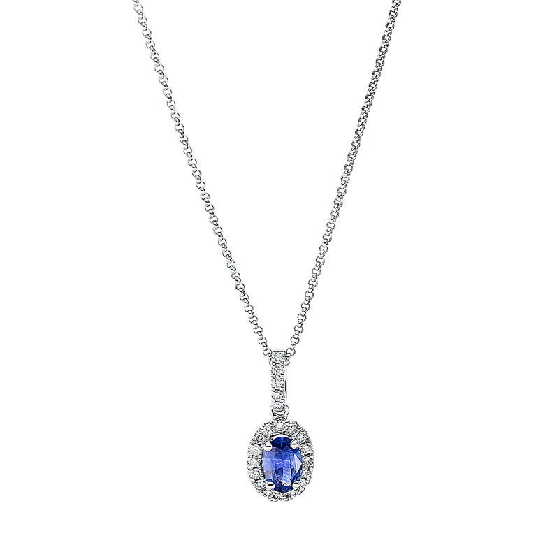 Collier 18 kt WG, mit ZÖ 42 cm, 21 Brill. 0,15 ct, TW-si, 1 Saphir 0,50 ct blau
