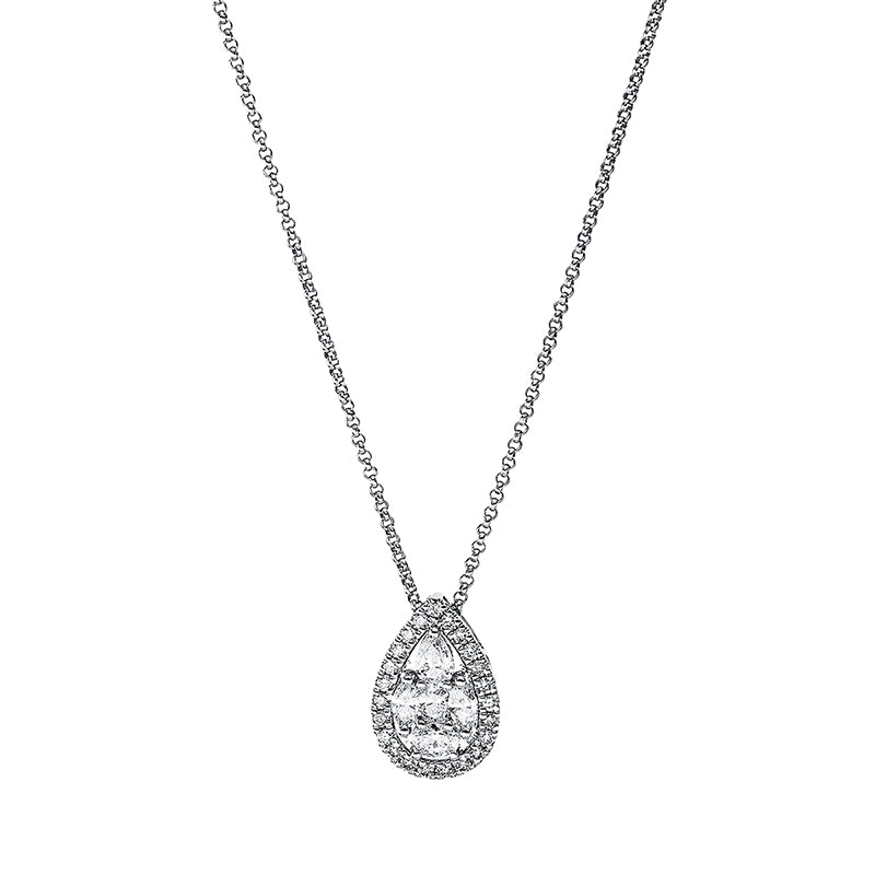 Collier 18 kt WG, 2 Nav. 0,12 ct, TW-si, 2 Oval 0,14 ct, TW-si, 1 Tropfen 0,11 ct, TW-si, 23 Brill. 0,15 ct, TW-si