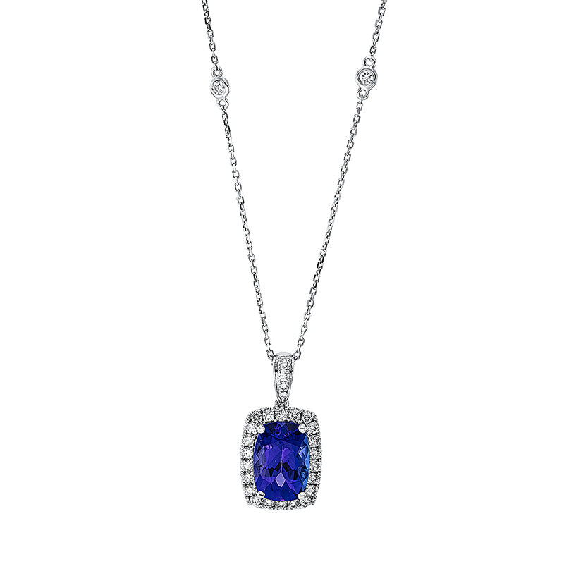 Collier 14 kt WG, mit ZÖ 40 cm + 43 cm, 28 Brill. 0,47 ct, TW-si, 1 Tansanit 3,45 ct blau