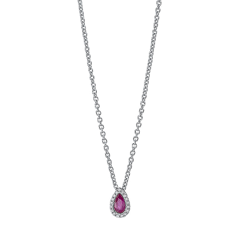 Collier 18 kt WG, mit ZÖ 40 cm, 17 Brill. 0,04 ct, TW-si, 1 Rubin 0,20 ct rot