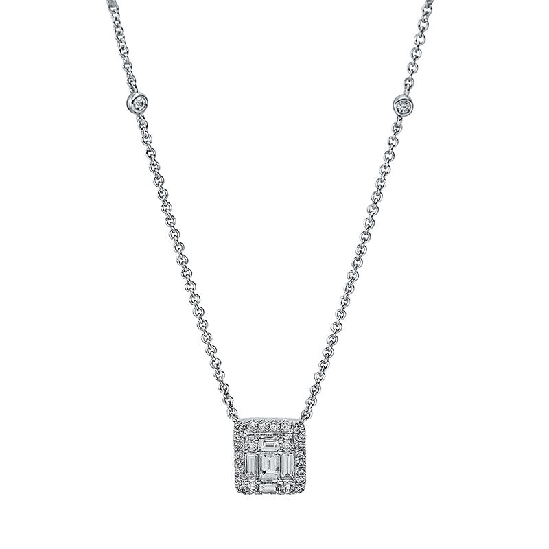 Collier 18 kt WG, 4 Trap. 0,26 ct, TW-si, 1 Bag. 0,20 ct, TW-vsi, 32 Brill. 0,29 ct, TW-si
