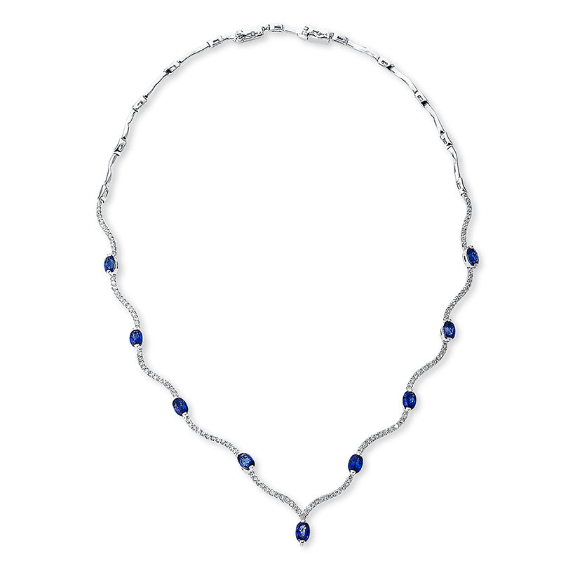 Collier 18 kt WG, 129 Brill. 2,16 ct, TW-vsi/si, 9 Saphire 5,95 ct blau