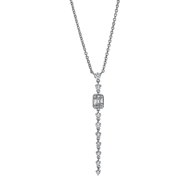 Collier 18 kt WG, mit ZÖ 40 cm, 3 Brill. 0,05 ct, TW-si, 5 Brill. 0,15 ct, TW-si, 1 Brill. 0,06 ct, TW-si, 5 Bag. 0,12 ct, TW-si, 4 Brill. 0,01 ct, TW-si