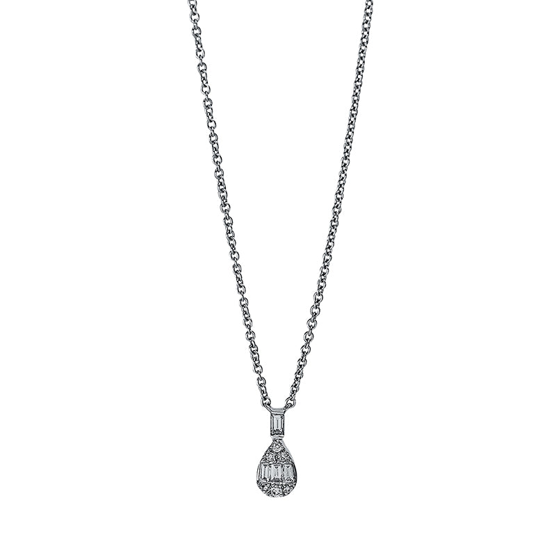 Collier 18 kt WG. mit ZÖ 40 cm. 1 Brill. 0.01 ct. TW-si. 2 Trapeze 0.09 ct. TW-si. 2 Baguette 0.07 ct. TW-si. 5 Brillanten 0.03 ct. TW-si. L:45.7 cm