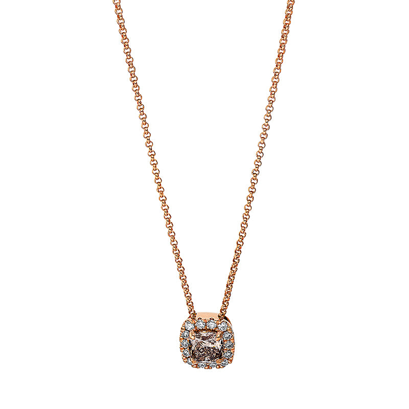 Collier 18 kt RG, 14 Brill. 0,12 ct, TW-si, 1 Cushion 0,58 ct, braun