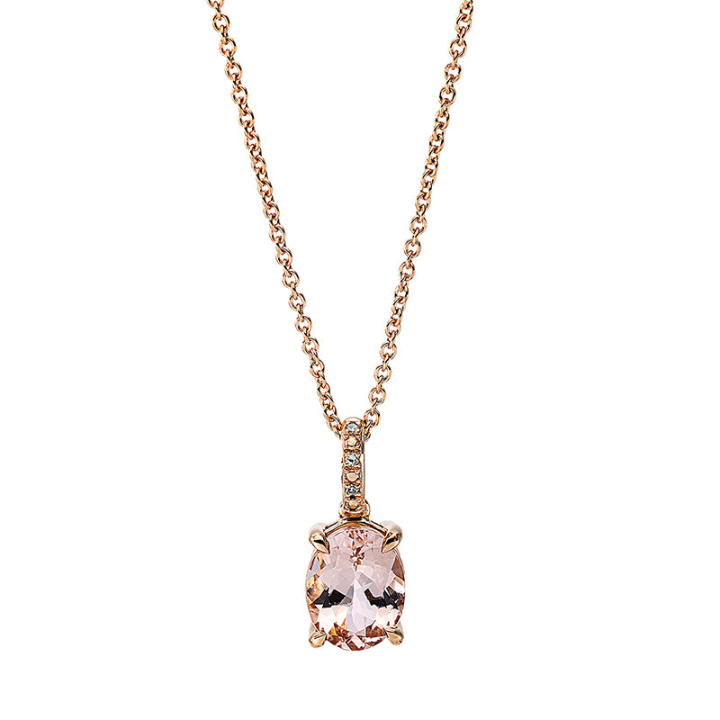 Collier 14 kt RG, mit ZÖ 40 cm + 42.5 cm, 3 Dia. 0,01 ct, TW-si, 1 Morganit 1,54 ct pink