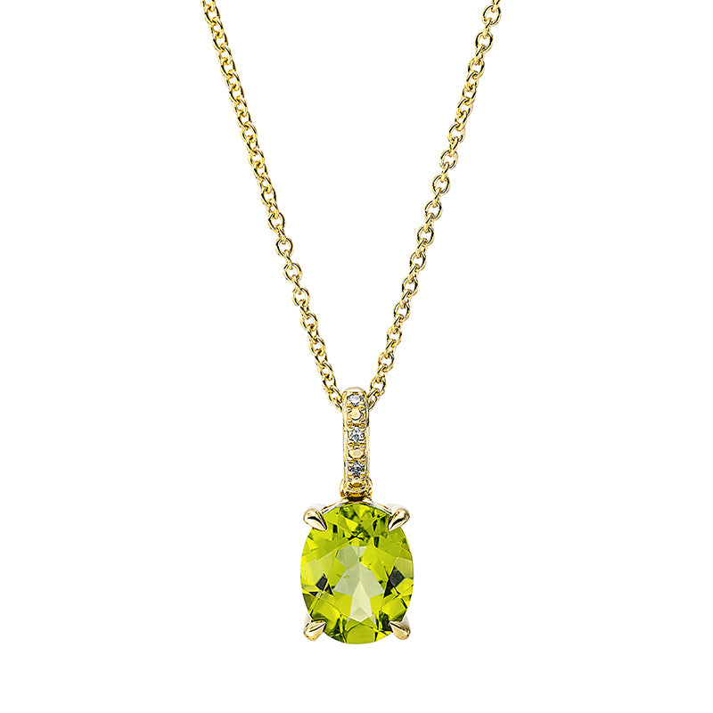 Collier 14 kt GG, mit ZÖ 40 cm + 42.5 cm, 3 Dia. 0,01 ct, TW-si, 1 Peridot 2,06 ct grün