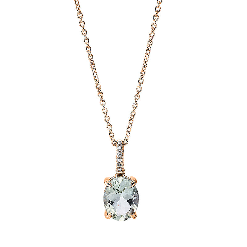 Collier 14 kt RG, mit ZÖ 40 cm + 42.5 cm, 3 Dia. 0,01 ct, TW-si, 1 Amethyst 1,79 ct grün