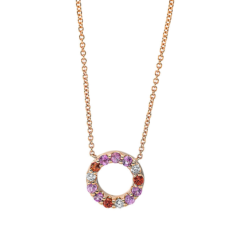 Collier 18 kt RG, mit ZÖ 40 cm + 43 cm, 3 Brill. 0,06 ct, TW-si, 7 Saphire 0,20 ct pink, 3 Saphire 0,08 ct orange