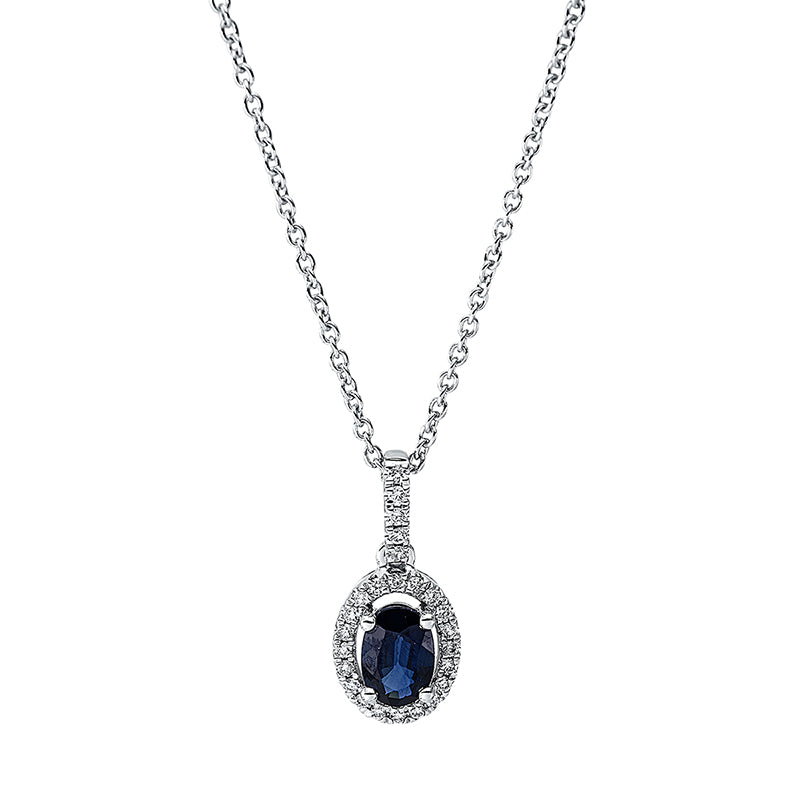Collier 18 kt WG, mit ZÖ 40 cm + 42.5 cm, 25 Brill. 0,11 ct, TW-si, 1 Saphir 0,50 ct blau