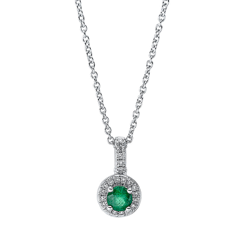 Collier 18 kt WG, mit ZÖ 40 cm + 42.5 cm, 21 Brill. 0,09 ct, TW-si, 1 Smaragd 0,23 ct grün