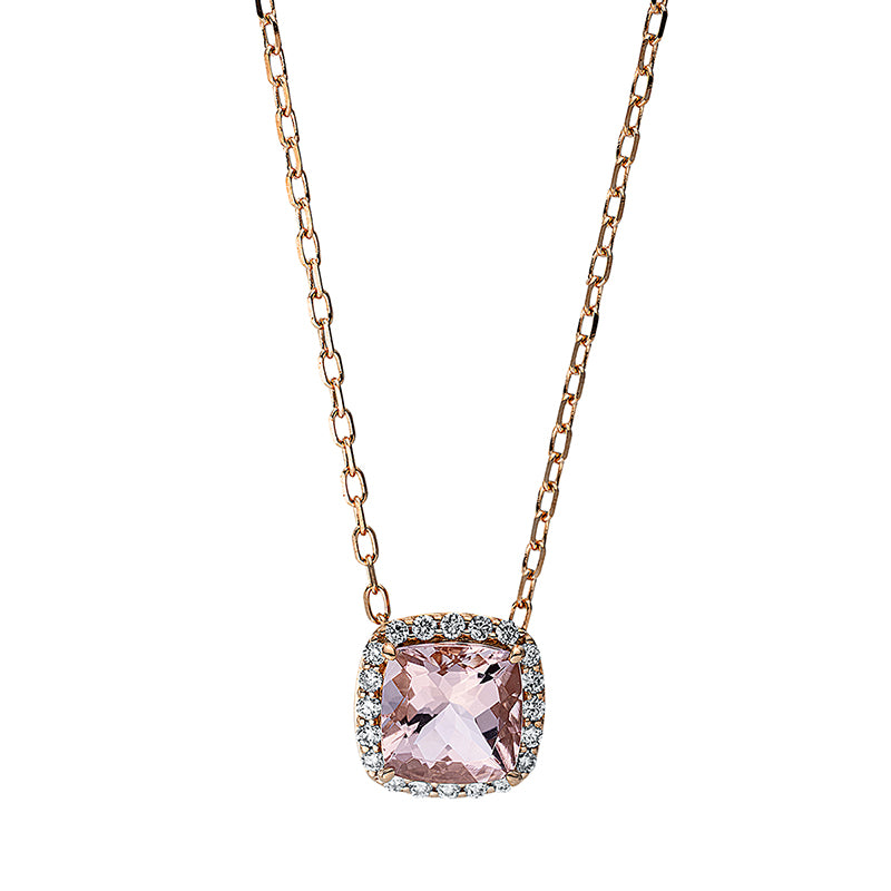 Collier 18 kt RG, mit ZÖ 40 cm + 43 cm, 20 Brill. 0,10 ct, TW-si, 1 Morganit 0,88 ct pink
