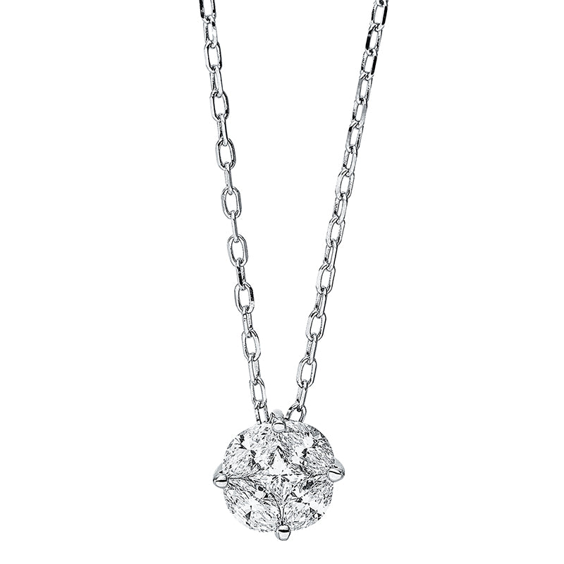 Collier 18 kt WG. mit ZÖ 40 cm + 43 cm. 1 Princ. 0.08 ct. TW-vsi/si. 4 Navette 0.36 ct. TW-vsi/si. L:45.7 cm