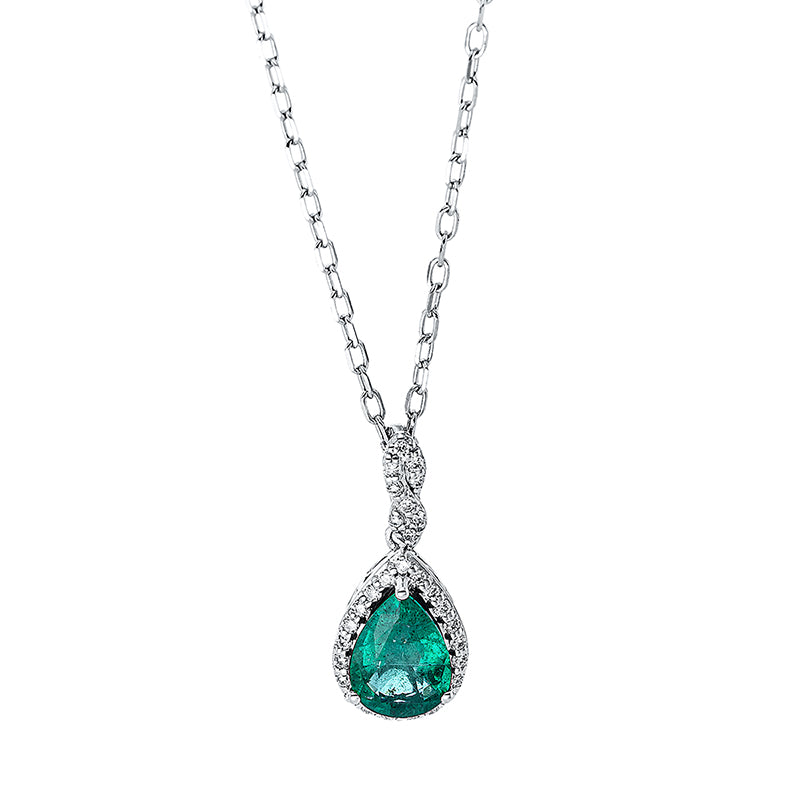 Collier 18 kt WG, mit ZÖ 40 cm + 43 cm, 30 Brill. 0,09 ct, TW-si, 1 Smaragd 0,65 ct grün