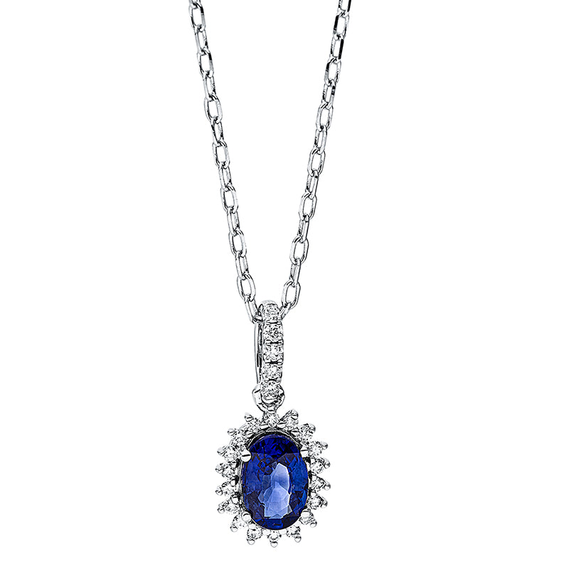 Collier 4er-Krappe 18 kt WG. mit ZÖ 40 cm + 43 cm. 23 Brillanten 0.10 ct. TW-si. 1 Saphir 0.55 ct blau. L:45.7 cm