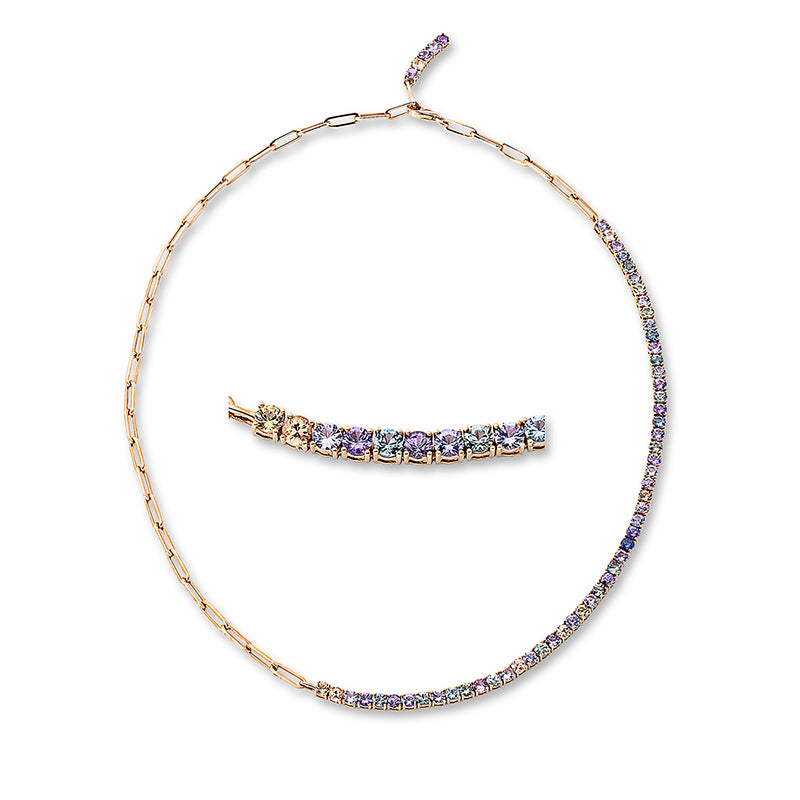 Collier 18 kt RG, mit ZÖ 40.6 cm, 59 Saphire 7,32 ct multicolor