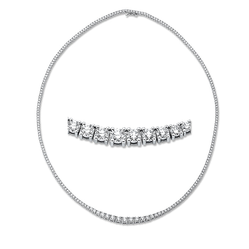 Collier 18 kt WG. 2 Brillanten 0.24 ct. TW-si. 4 Brillanten 0.64 ct. TW-si. 1 Brill. 0.21 ct. TW-si. 210 Brillanten 5.55 ct. TW-si. B:4.1 mm. L:45.0 cm. S:2.9 mm
