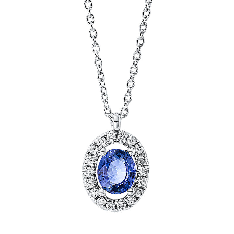 Collier 18 kt WG, 18 Brill. 0,12 ct, TW-pi, 1 Saphir 0,69 ct blau