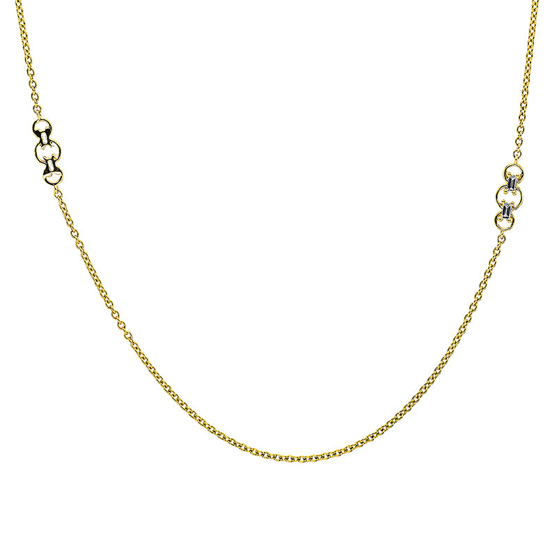 Collier 18 kt GG. mit ZÖ 60 cm + 65 cm. 8 Baguette 0.17 ct. TW-si. H:3.9 mm. B:11.9 mm. L:70.0 cm. S:1.5 mm