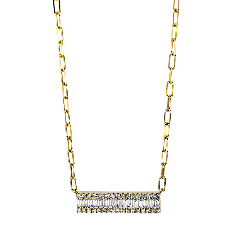 Collier 18 kt GG. mit ZÖ 40 cm. 16 Baguette 0.24 ct. TW-si. 34 Brillanten 0.17 ct. TW-si. H:5.6 mm. B:20.3 mm. L:45.0 cm. S:2.1 mm