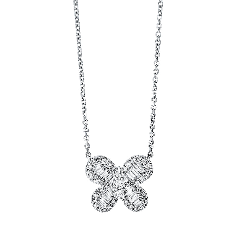 Collier 18 kt WG. mit ZÖ 40 cm. 1 Brill. 0.05 ct. TW-si. 12 Baguette 0.26 ct. TW-si. 44 Brillanten 0.30 ct. TW-si. L:45.0 cm
