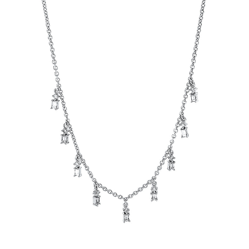 Collier 18 kt WG. mit ZÖ 40 cm. 9 Baguette 0.27 ct. TW-si. 9 Brillanten 0.07 ct. TW-si. L:45.0 cm