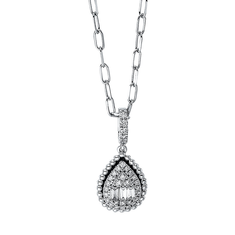 Collier 18 kt WG Tropfen. mit ZÖ 40 cm. 3 Baguette 0.10 ct. TW-si. 31 Brillanten 0.20 ct. TW-si. L:45.0 cm