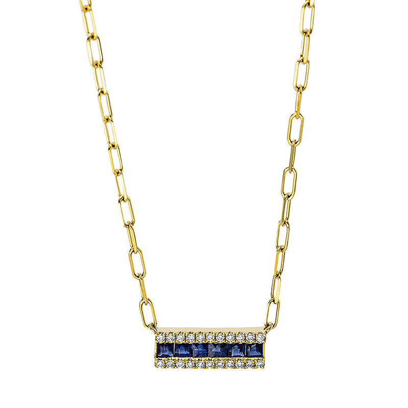 Collier 18 kt GG. mit ZÖ 40 cm. 22 Brillanten 0.09 ct. TW-si. 6 Saphire 0.42 ct blau. H:4.7 mm. B:14.1 mm. L:45.0 cm. S:2.2 mm
