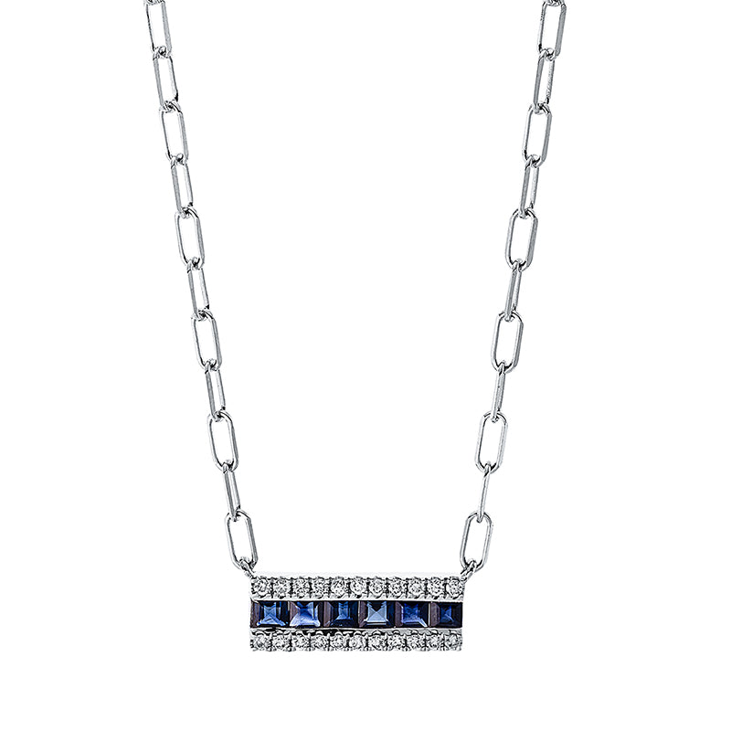 Collier 18 kt WG. mit ZÖ 40 cm. 22 Brillanten 0.10 ct. TW-si. 6 Saphire 0.37 ct blau. H:5.4 mm. B:13.8 mm. L:45.0 cm. S:2.0 mm