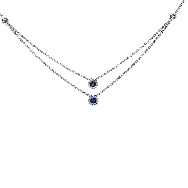 Collier 18 kt WG. mit ZÖ 40 cm. 2 Brillanten 0.08 ct. TW-si. 28 Brillanten 0.06 ct. TW-si. 2 Saphire 0.33 ct blau. L:45.0 cm
