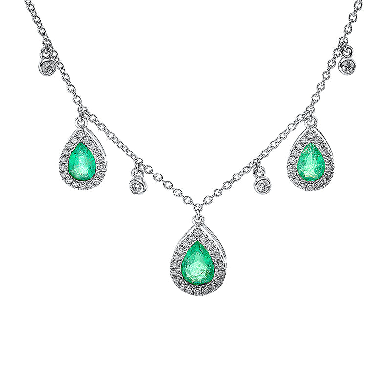 Collier 18 kt WG. mit ZÖ 40 cm. 60 Brillanten 0.34 ct. TW-si. 3 Smaragde 1.44 ct grün. H:11.1 mm. B:7.7 mm. L:45.0 cm. S:3.8 mm