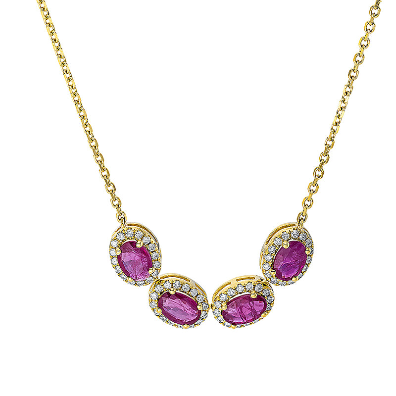 Collier 18 kt GG. mit ZÖ 40 cm + 42 cm. 64 Brillanten 0.30 ct. TW-si. 4 Rubine 1.87 ct rot. H:6.6 mm. B:36.1 mm. L:45.0 cm. S:3.8 mm