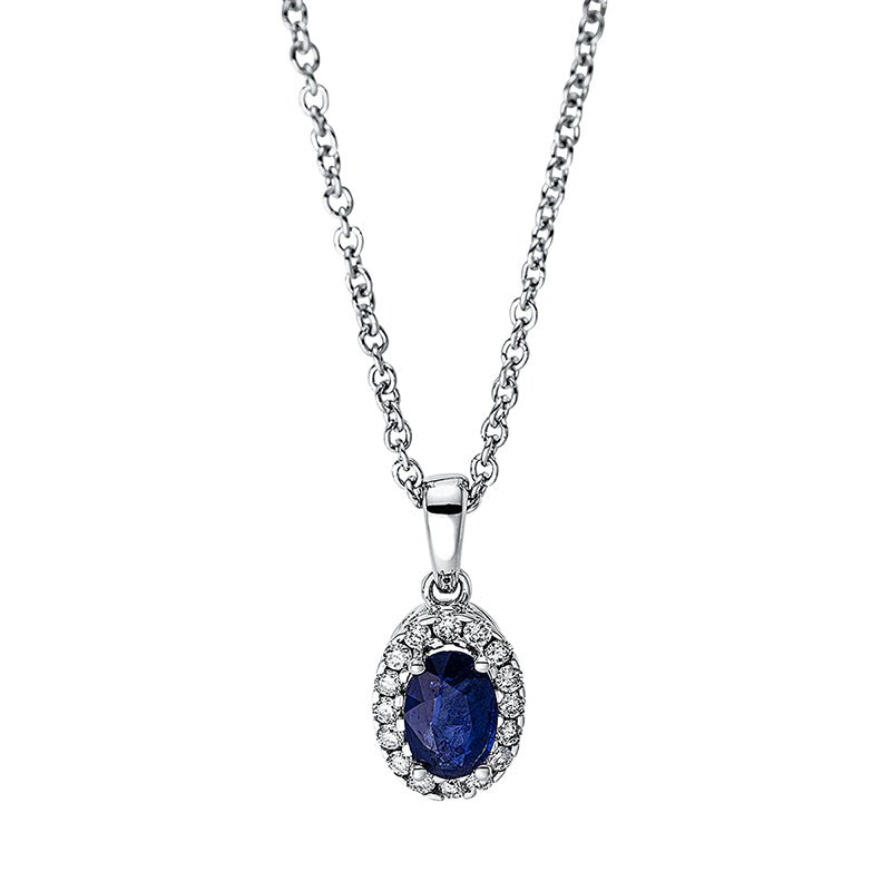 Collier 18 kt WG. mit ZÖ 40 cm. 16 Brillanten 0.11 ct. TW-si. 1 Saphir 0.45 ct blau. H:13.8 mm. B:6.2 mm. L:45.0 cm. S:4.7 mm