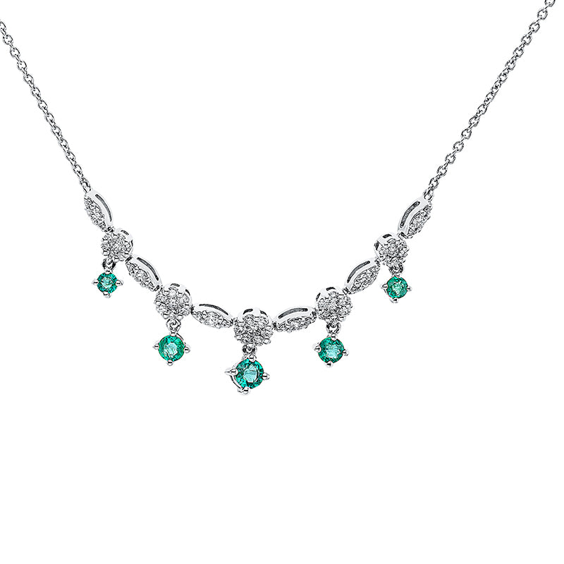 Collier 18 kt WG. mit ZÖ 40 cm. 3 Brillanten 0.09 ct. TW-si. 50 Brillanten 0.46 ct. TW-si. 5 Smaragde 0.47 ct grün. L:45.0 cm