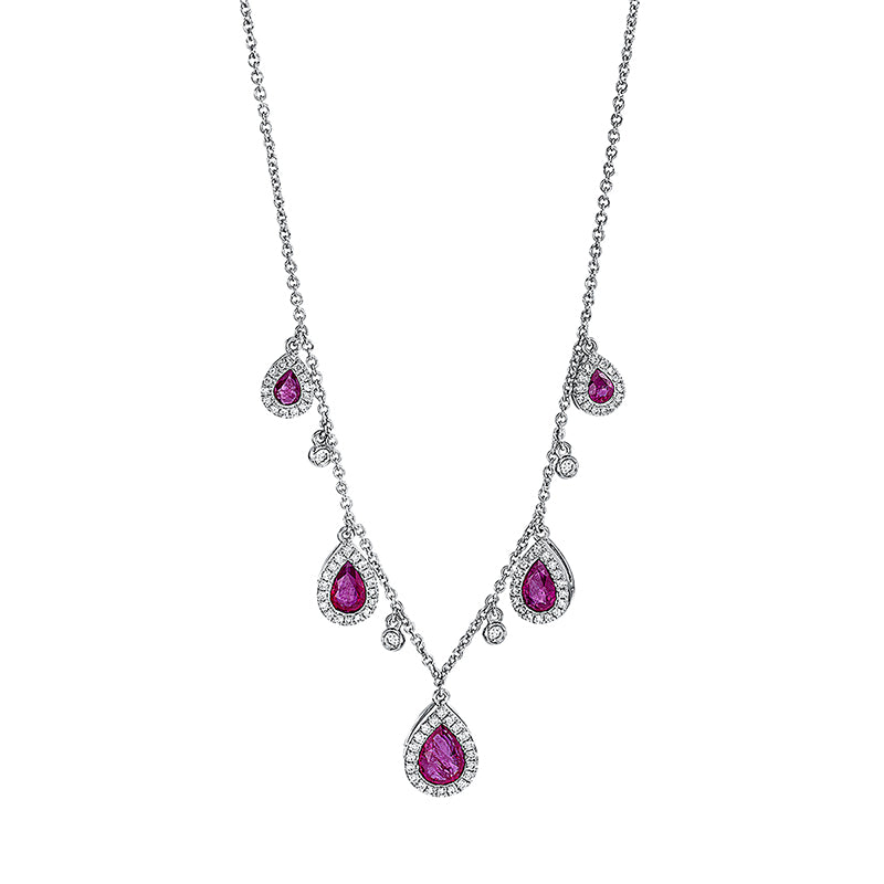 Collier 18 kt WG. mit ZÖ 40 cm. 88 Brillanten 0.45 ct. TW-si. 5 Rubine 1.97 ct rot. H:11.5 mm. B:7.7 mm. L:45.0 cm. S:3.9 mm