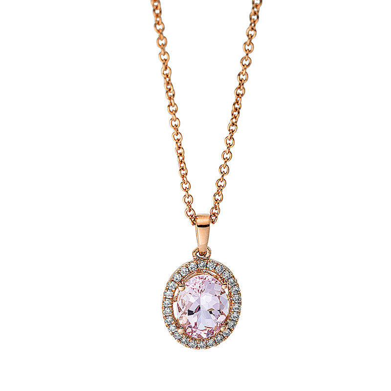 Collier 18 kt RG. mit ZÖ 40 cm. 26 Brillanten 0.13 ct. TW-si. 1 Morganit 1.13 ct pink. H:15.8 mm. B:9.4 mm. L:45.0 cm. S:4.3 mm