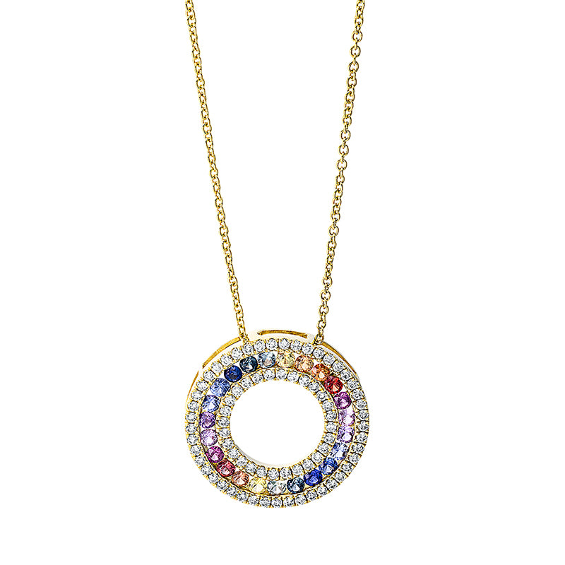 Collier 18 kt GG. mit ZÖ 40 cm. 73 Brillanten 0.59 ct. TW-si. 23 Saphire 1.02 ct fancy. L:45.0 cm. S:3.7 mm. Ø:20.5 mm