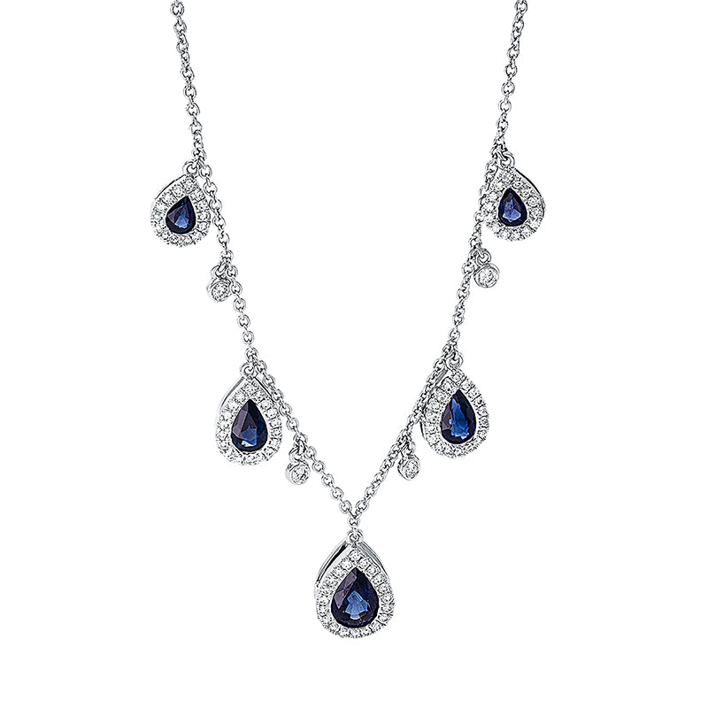 Collier 18 kt WG. mit ZÖ 40 cm. 88 Brillanten 0.44 ct. TW-si. 5 Saphire 2.04 ct blau. H:11.5 mm. B:7.7 mm. L:45.0 cm. S:3.9 mm
