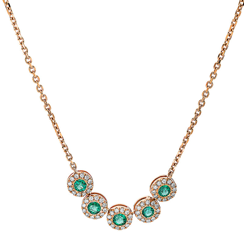 Collier 18 kt RG. mit ZÖ 40 cm. 60 Brillanten 0.26 ct. TW-si. 5 Smaragde 0.50 ct grün. H:5.7 mm. B:31.0 mm. L:45.0 cm. S:2.4 mm